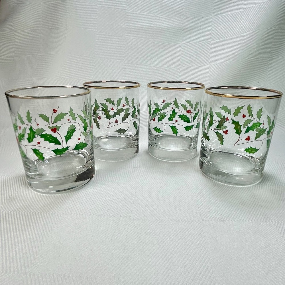 Set of 4 Lenox Holly Berry Lowball Glasses/Tumbler w/ Gold Rim-Holiday/Christmas